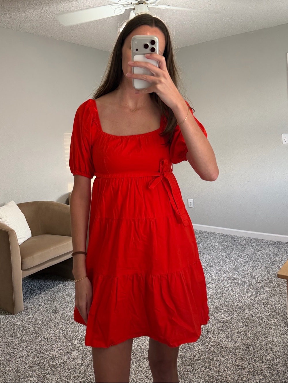 Red Puff-Sleeve Tie-Waist Mini Dress